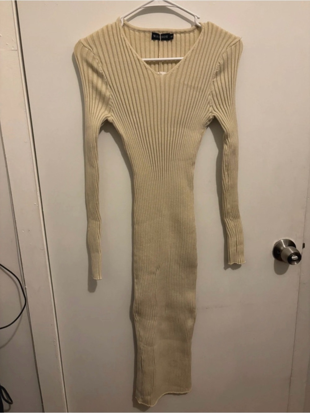 Slim Ribbed Long-Sleeve Midi Dress in Cream